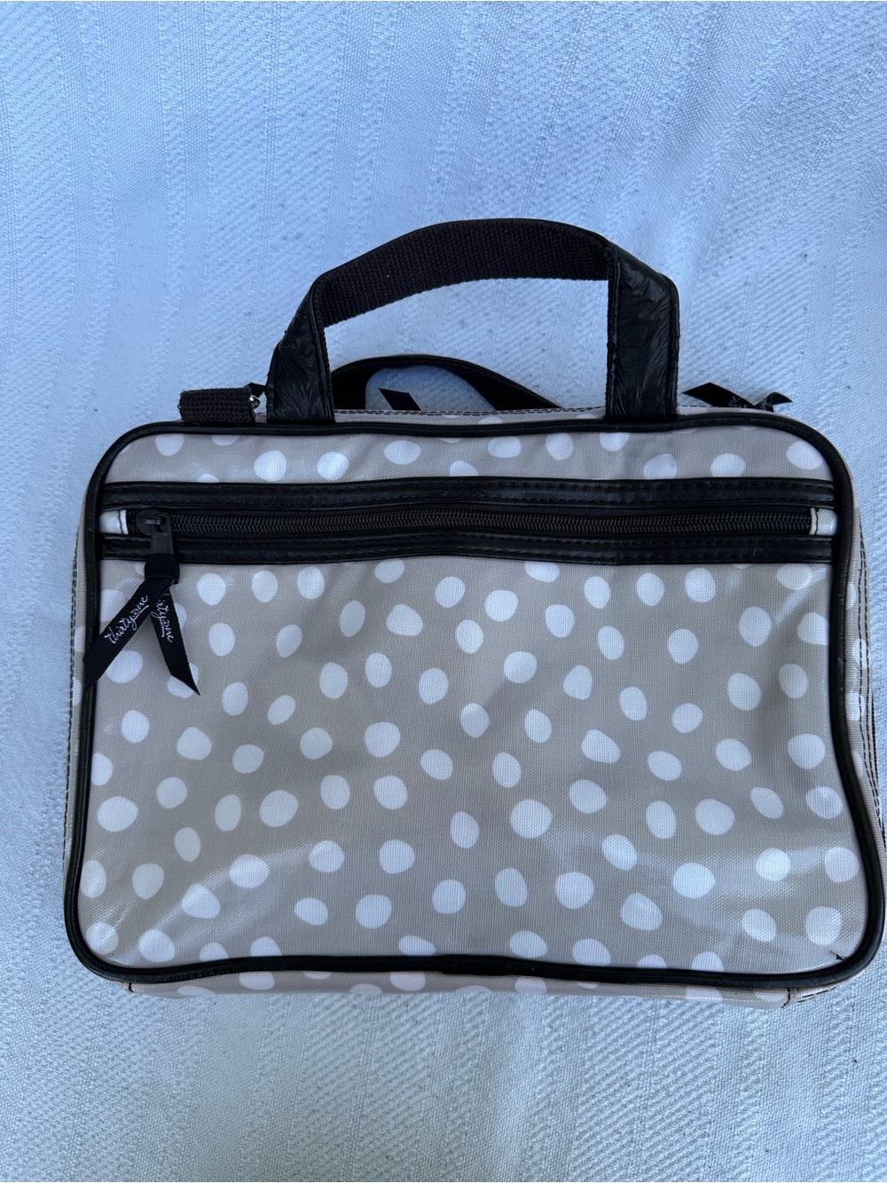 thirty-one Polka Dot Beige and White Cosmetic Bag with Brown Trim